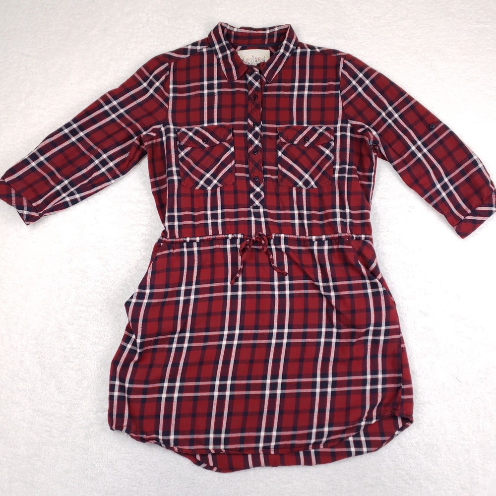 Girl Krazy by Krazy Kat Plaid Shirt Dress L Red Long Sleeve Cinch Waist Grunge